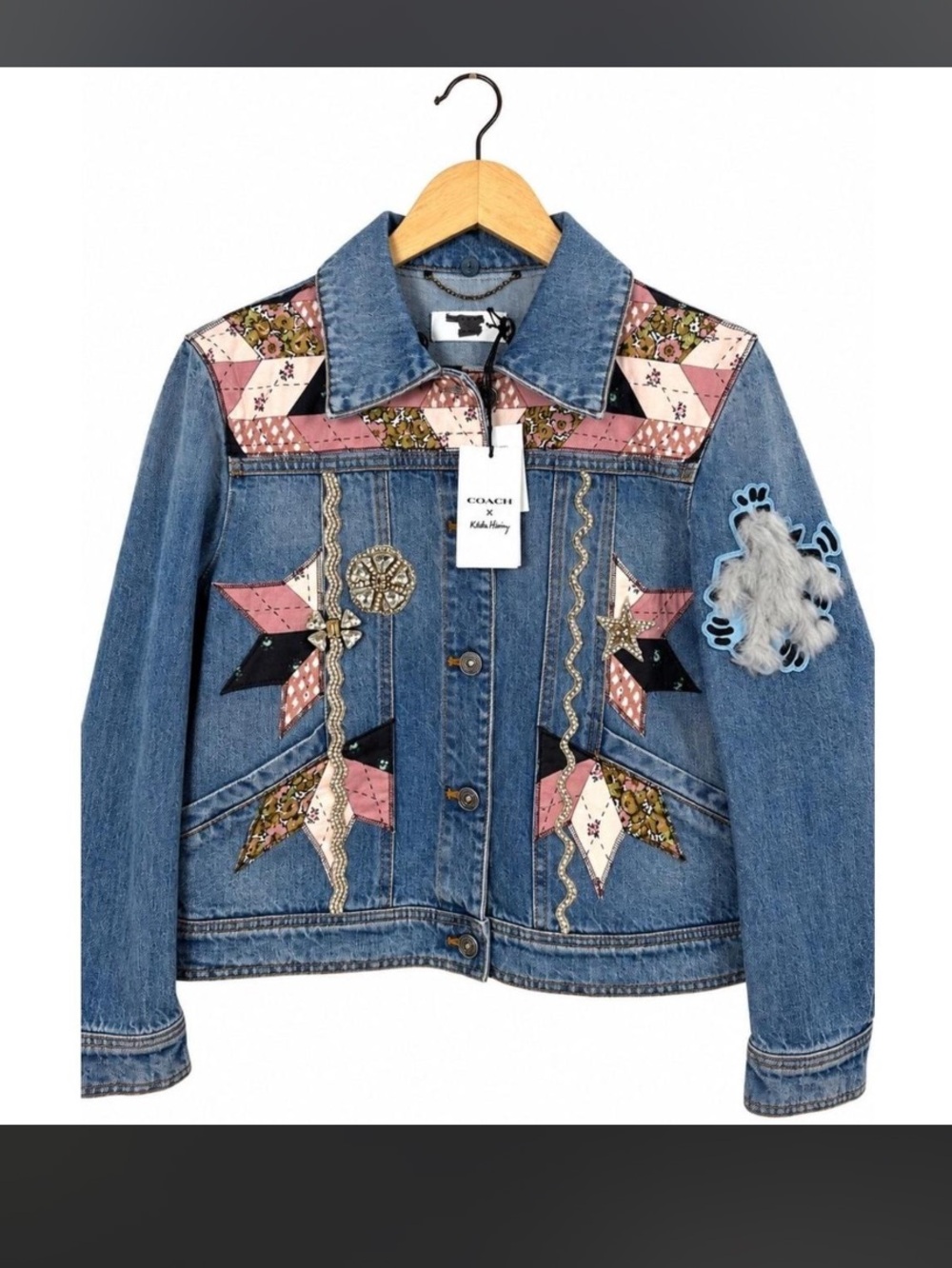 Coach Blue Denim Jacket with Pink and Cream Patchwork
